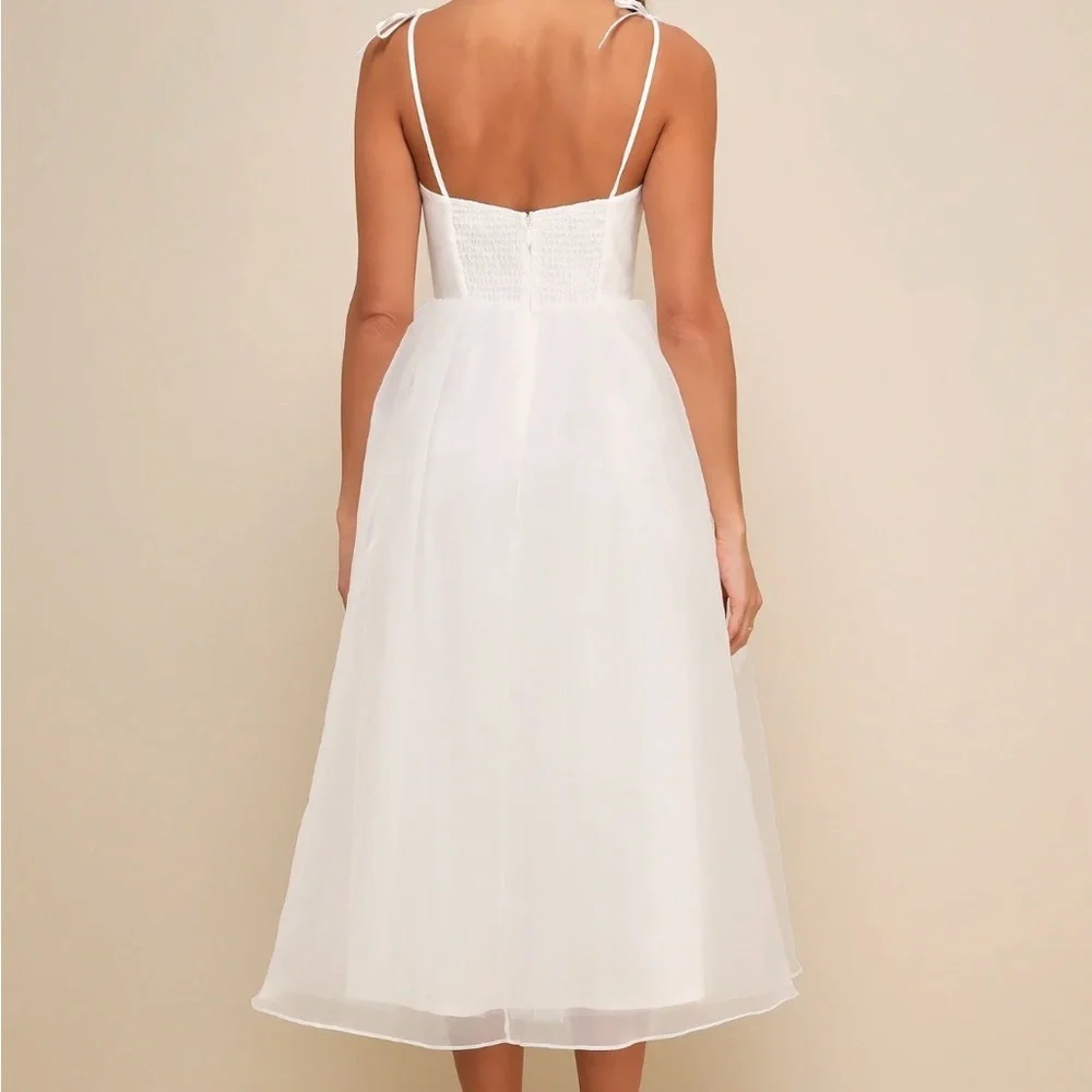 Intentionally Darling White Organza Tie-Strap Rosette Midi Dress - Picture 3 of 5